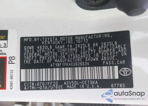 2012 Toyota Camry Se Limited Edition из США, поврежденный, VIN 4T1BF1FK4CU626634